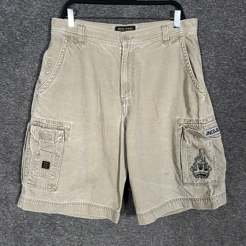 Vintage JNCO Jeans Shorts Mens 36 Tan Cargo Flame‎ Graphic 90s Pockets Baggy Y2K